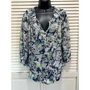 Ana Green/Gray/Purple Floral‎ Chiffon 3/4 Sleeve Blouse Size M Elastic Waist